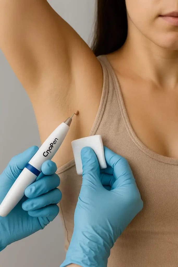 woman having cryopen to remove underarm skin tags Merseyside