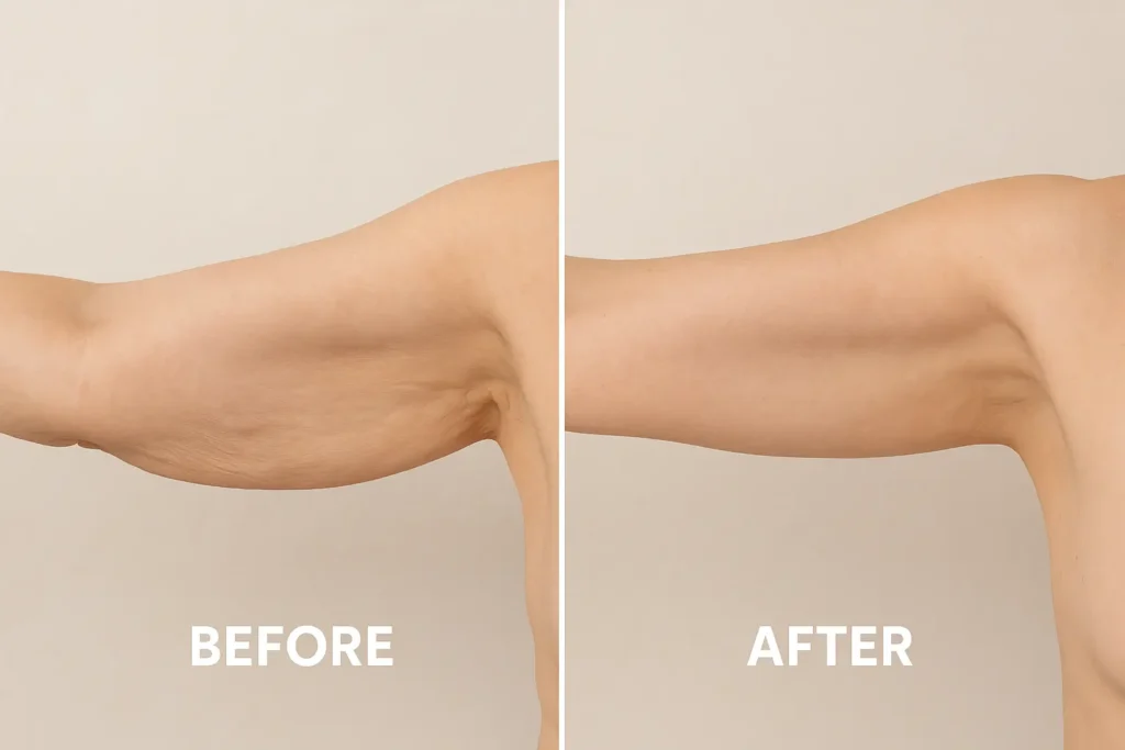 Picture of LA LIPO Merseyside before and after results of skin tightening treatment on the upper arms.