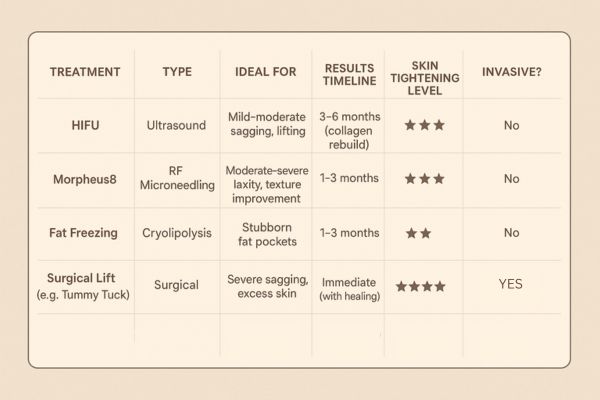 Table showing the comparisons of Skin tightening Merseyside treatment options.